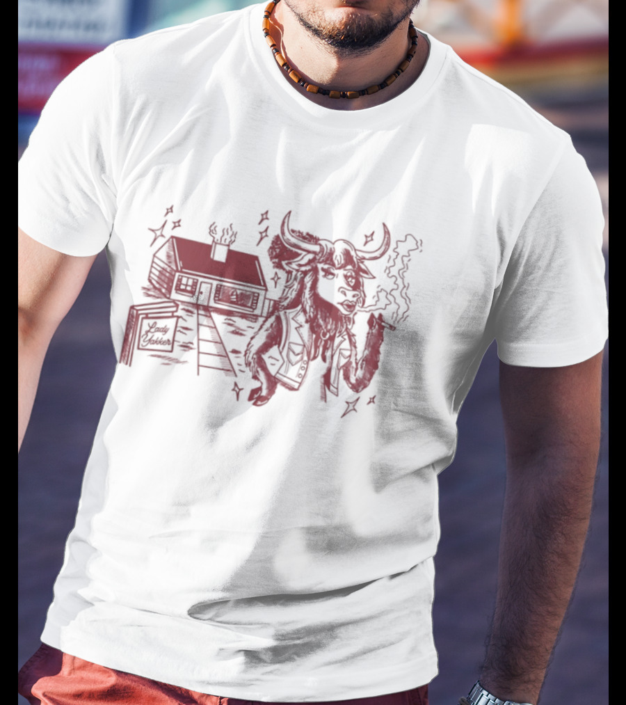 Lady Yakker Buffalo Smoking With Cabin And Stairs Rustic Red T-Shirt