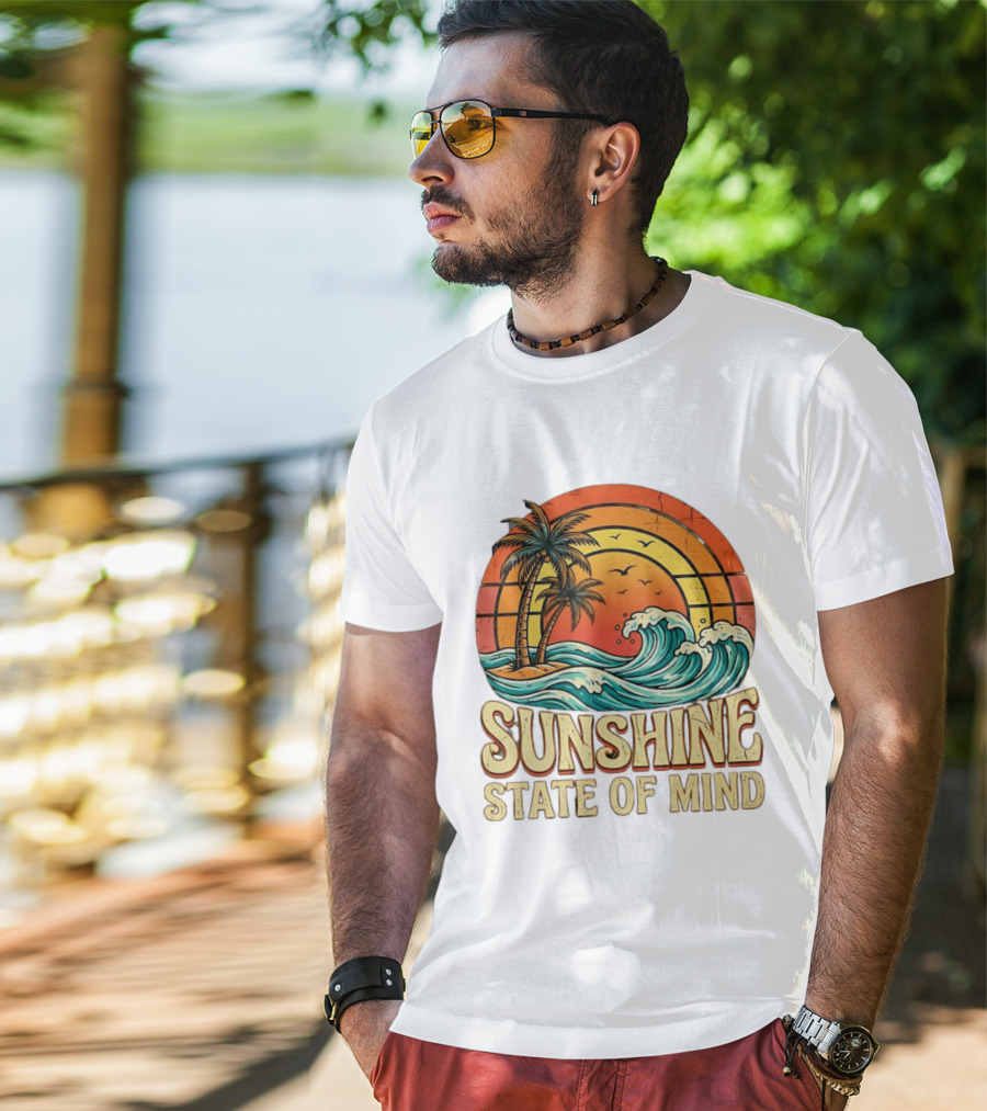 Sunshine State Of Mind Palm Trees Crashing Waves Sunset T-Shirt