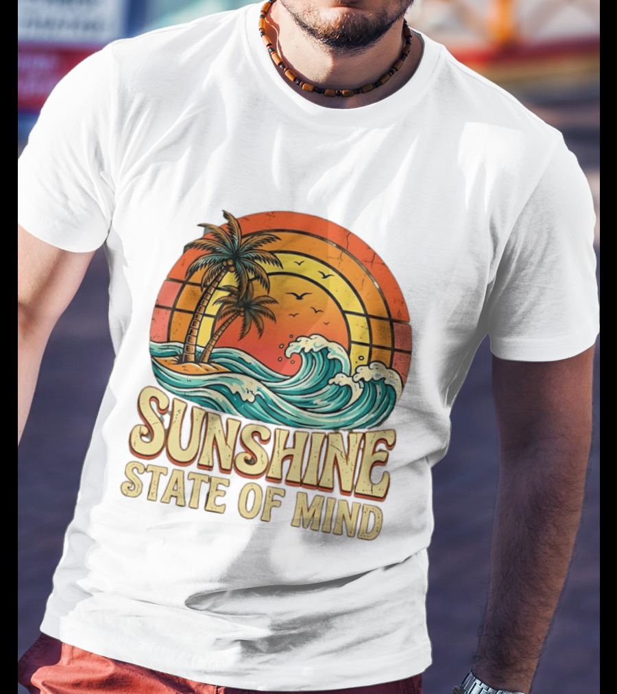 Sunshine State Of Mind Palm Trees Crashing Waves Sunset T-Shirt