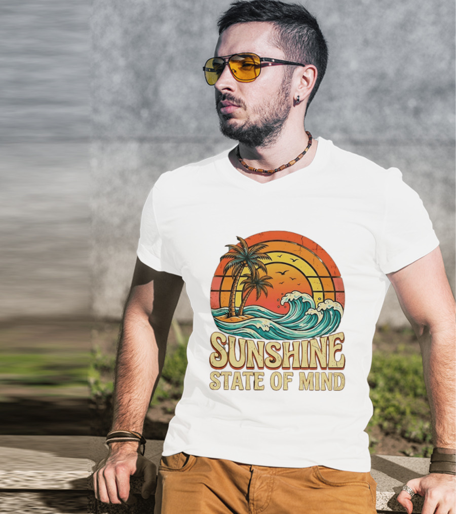 Sunshine State Of Mind Palm Trees Crashing Waves Sunset T-Shirt