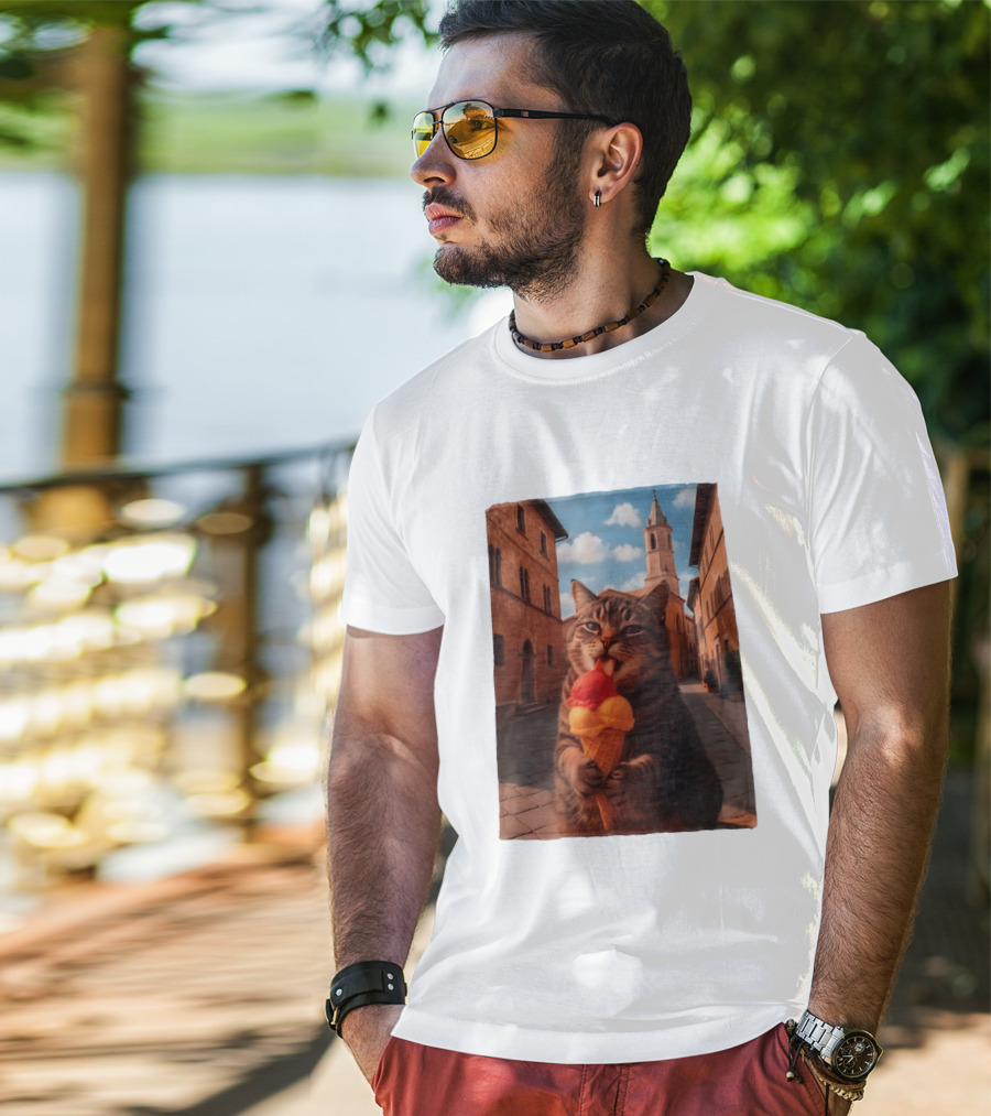 Tabby Cat Eating Ice Cream Cone In Italian Village Street Scene T-Shirt