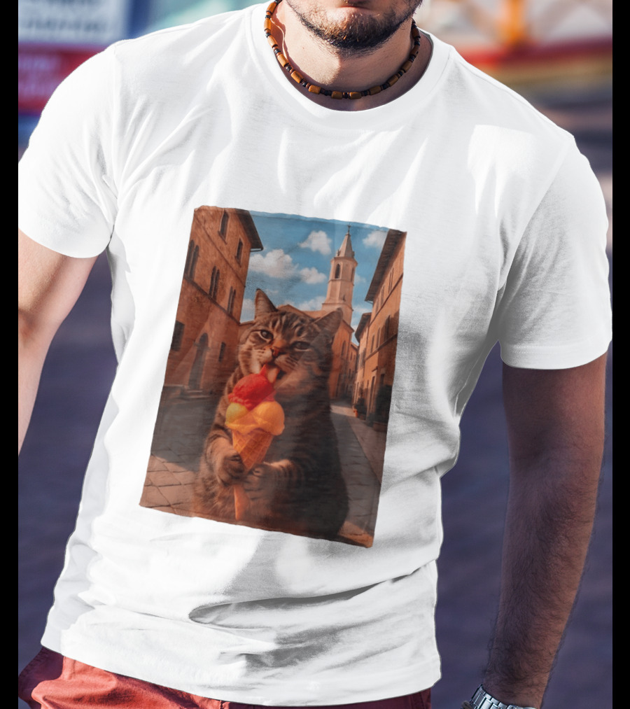 Tabby Cat Eating Ice Cream Cone In Italian Village Street Scene T-Shirt