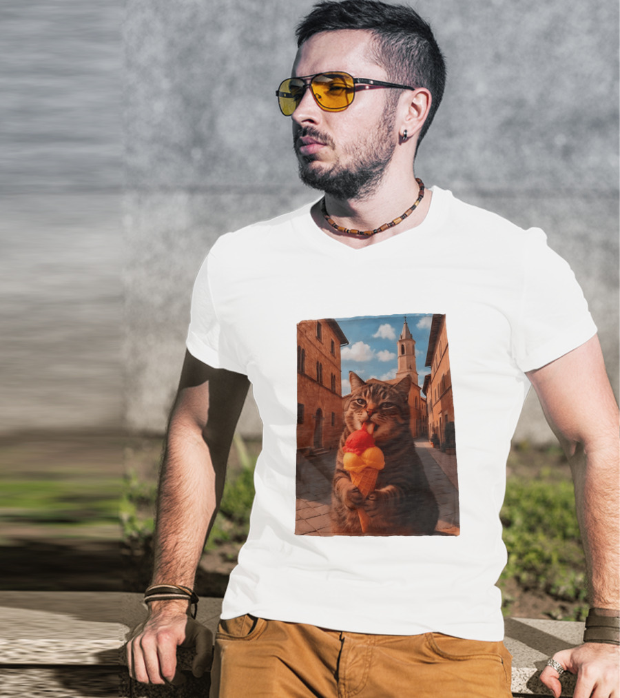 Tabby Cat Eating Ice Cream Cone In Italian Village Street Scene T-Shirt