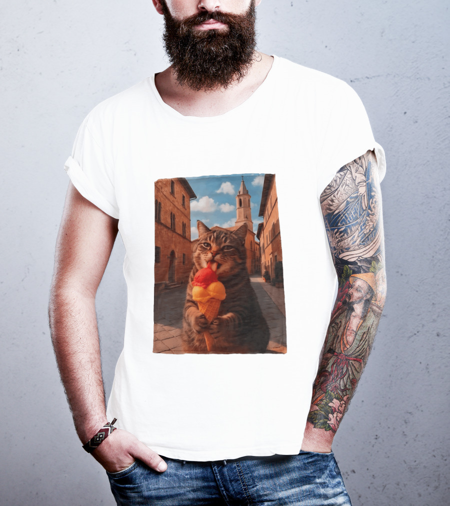 Tabby Cat Eating Ice Cream Cone In Italian Village Street Scene T-Shirt