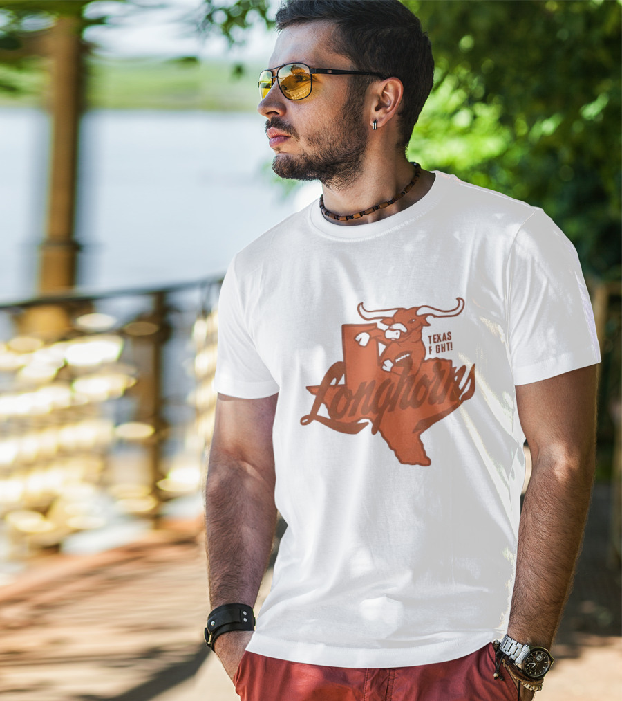 Texas Longhorns Bull Head Texas State Shape Texas Fight Football T-Shirt