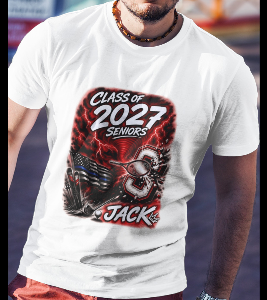 Class Of 2027 Seniors Jack Black Flag Lightning Tennis Football T-Shirt