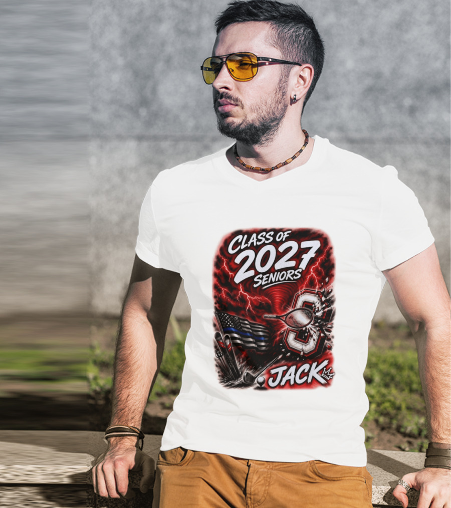 Class Of 2027 Seniors Jack Black Flag Lightning Tennis Football T-Shirt