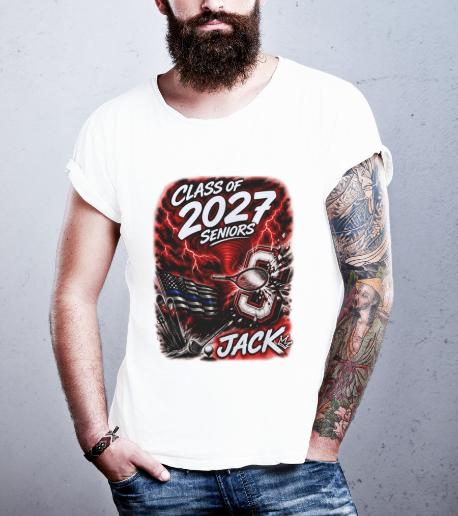 Class Of 2027 Seniors Jack Black Flag Lightning Tennis Football T-Shirt