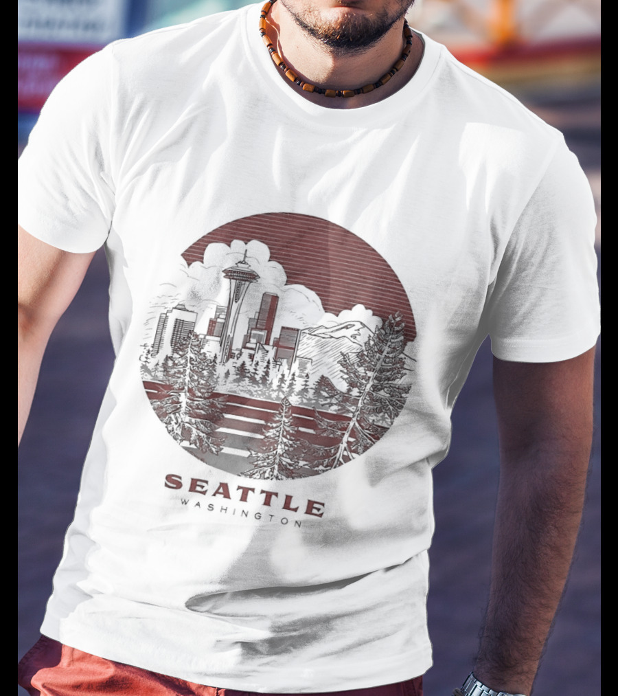 Seattle Washington Skyline Space Needle Mountains Forest T-Shirt