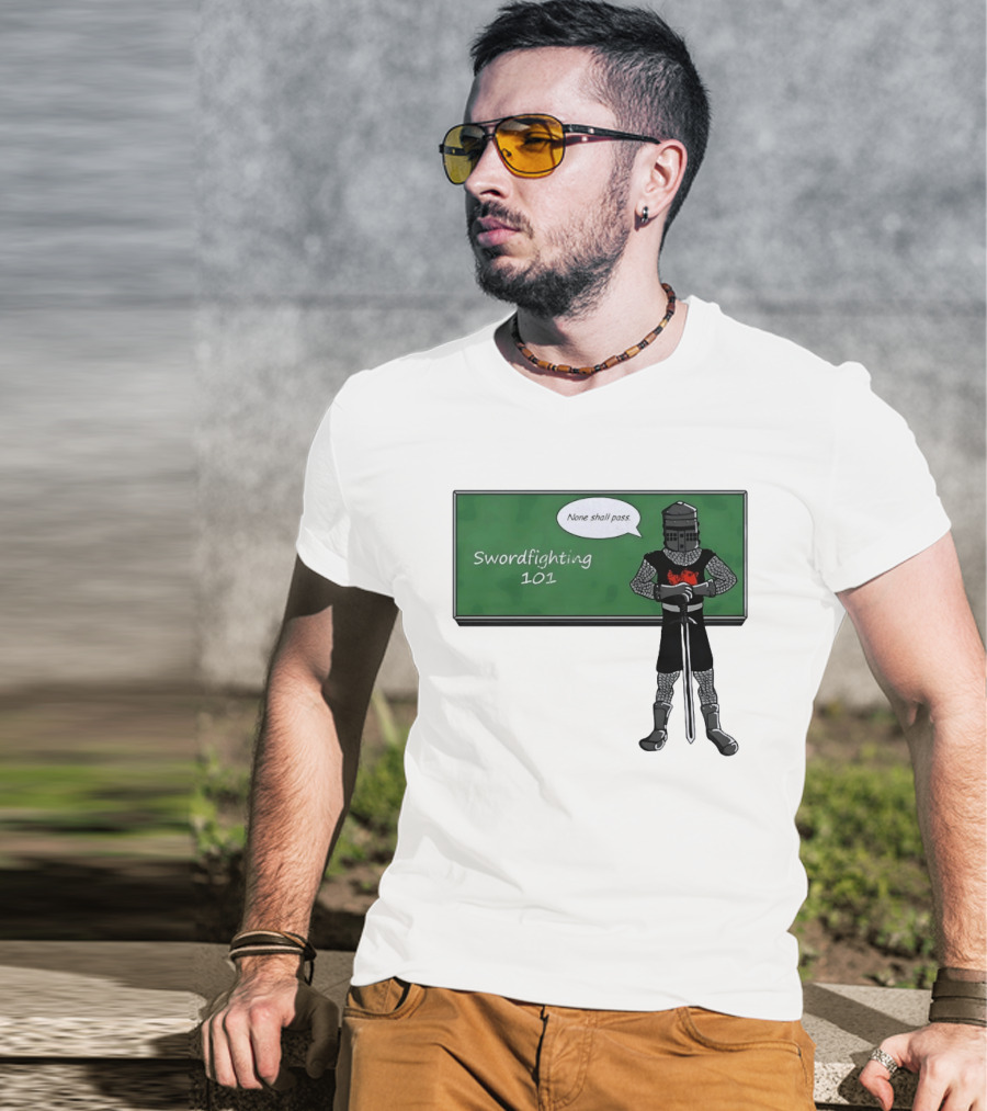 Swordfighting 101 None Shall Pass Black Knight Cartoon T-Shirt