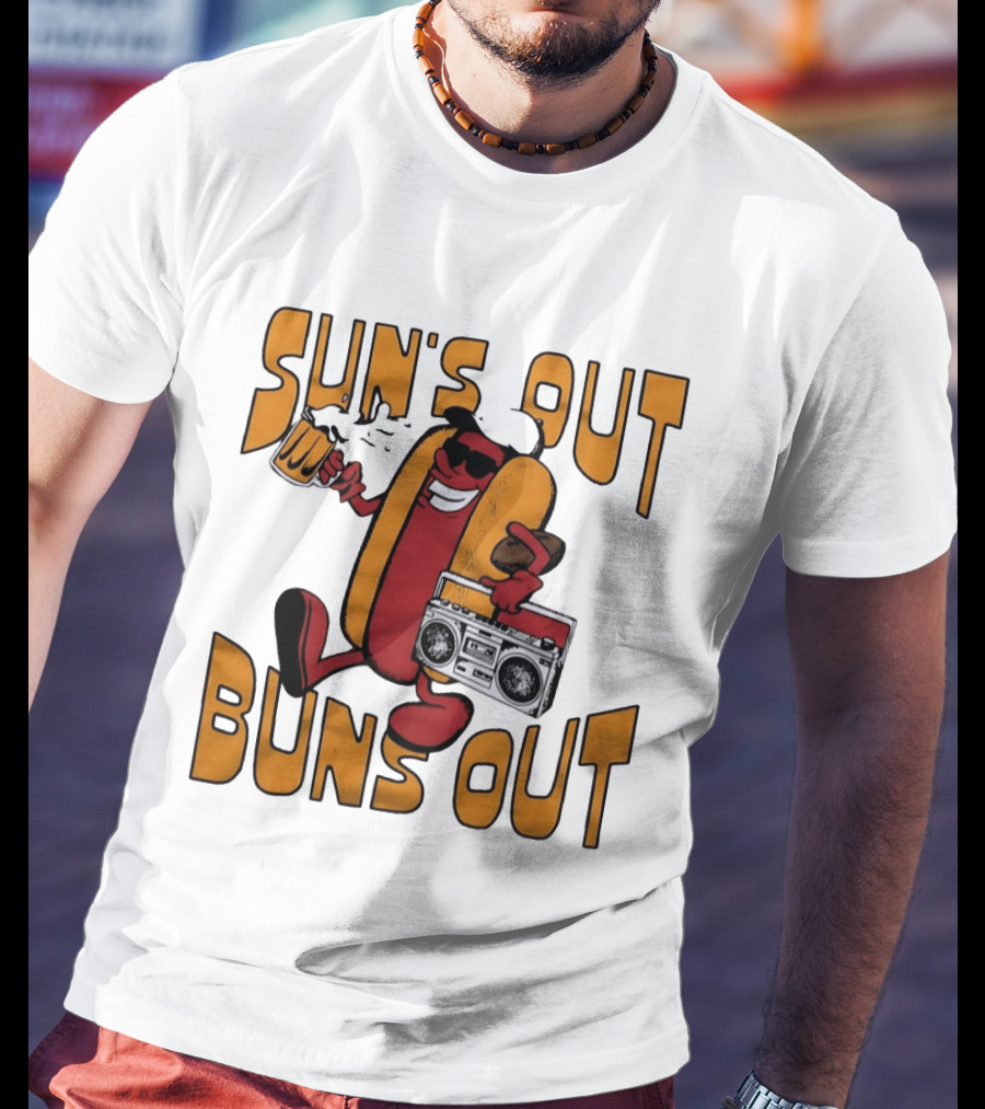 Sun's Out Buns Out Hot Dog With Sunglasses Holding Beer And Boombox T-Shirt