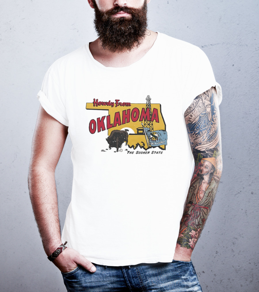 Howdy From Oklahoma The Sooner State Bison With Oil Derrick And Flag T-Shirt