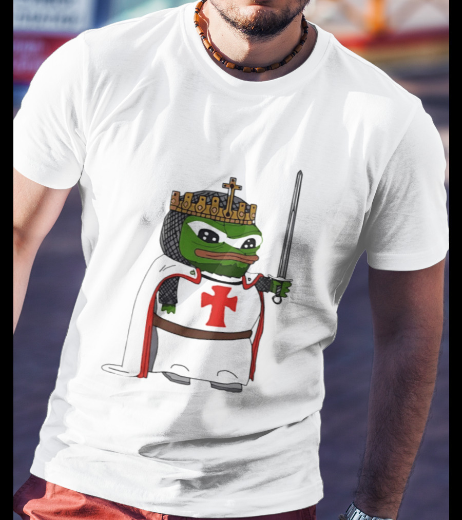 Pepe The Frog King Holding Sword Medieval Crusader Knight With Crown And Cape T-Shirt