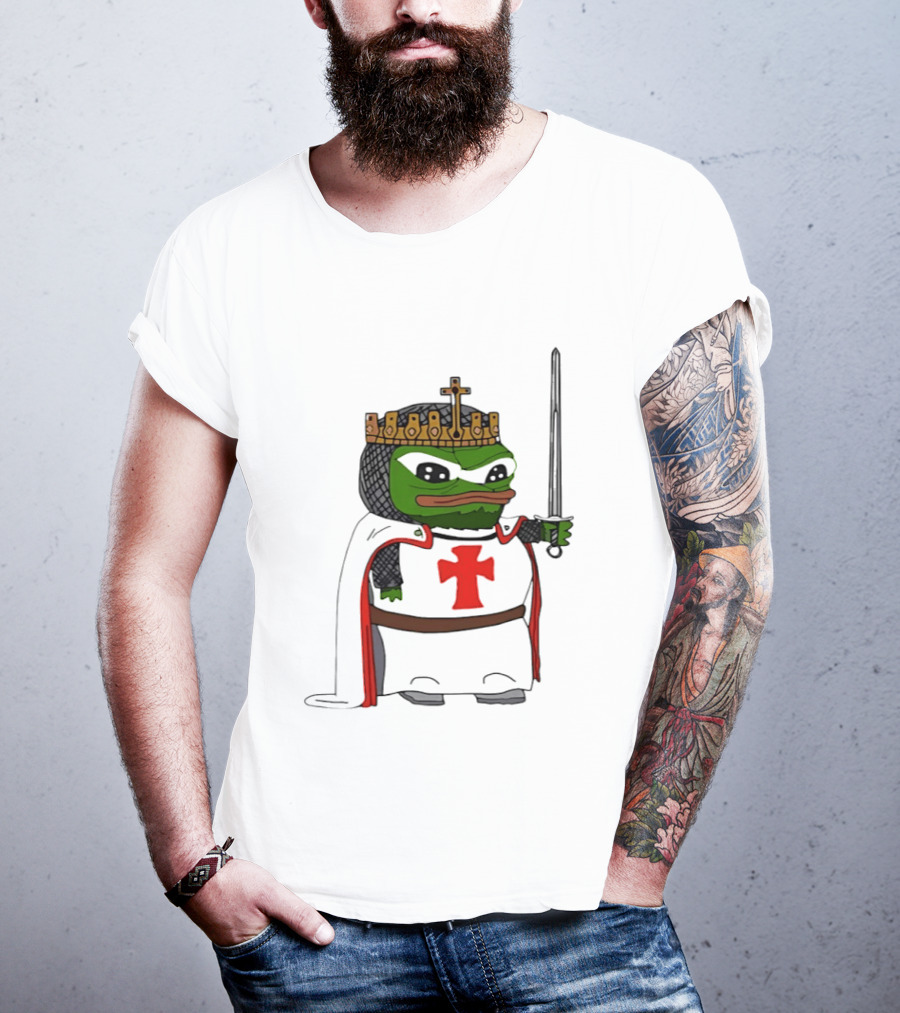 Pepe The Frog King Holding Sword Medieval Crusader Knight With Crown And Cape T-Shirt