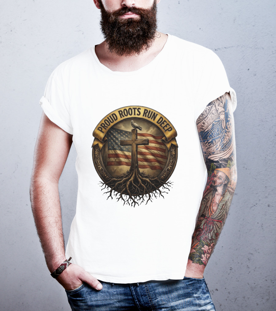 Proud Roots Run Deep Cross Dove American Flag Roots T-Shirt