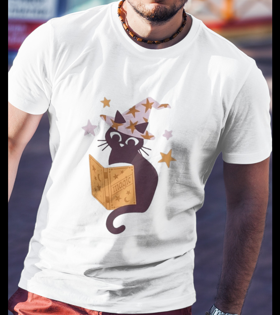 Magic Cat In Witch Hat Reading Spell Book With Stars T-Shirt