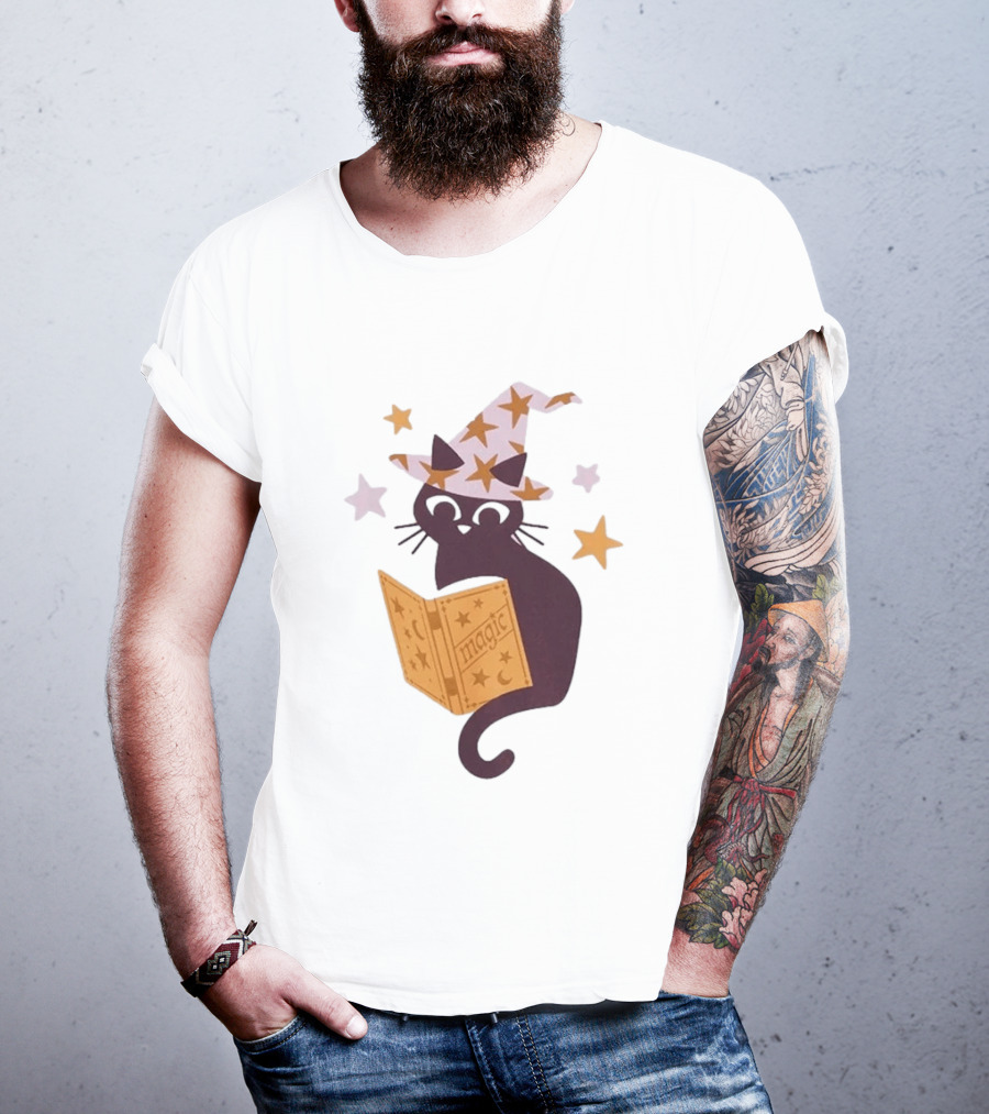 Magic Cat In Witch Hat Reading Spell Book With Stars T-Shirt