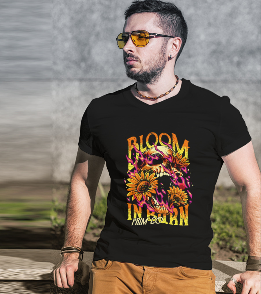 Bloom In Burn Prim Co Skull And Sunflowers T-Shirt