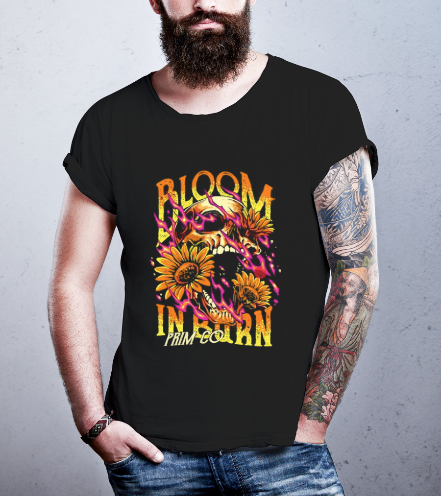 Bloom In Burn Prim Co Skull And Sunflowers T-Shirt