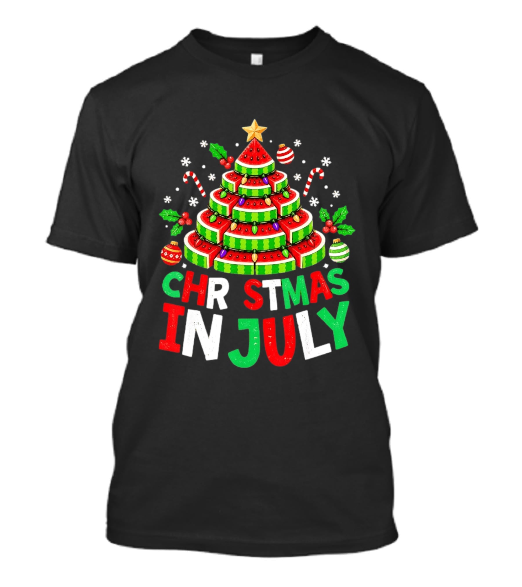 Christmas In July Watermelon Tree With String Lights And Candy Canes T-Shirt