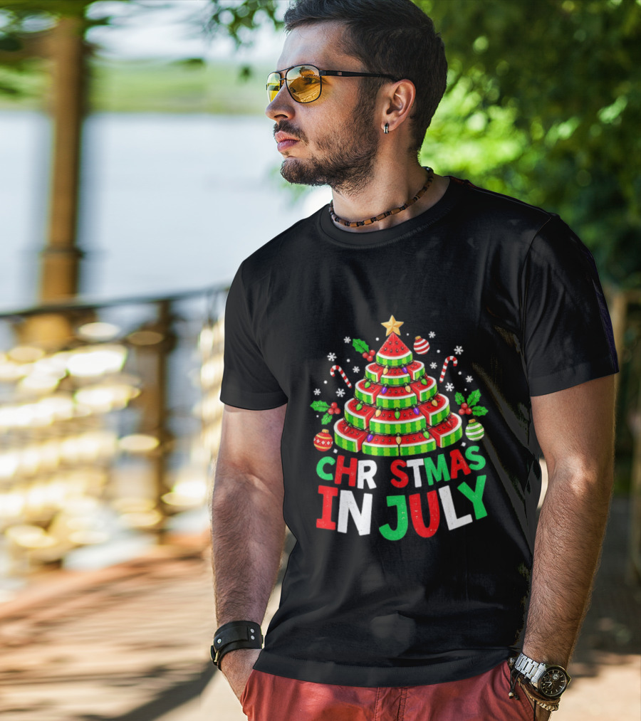 Christmas In July Watermelon Tree With String Lights And Candy Canes T-Shirt