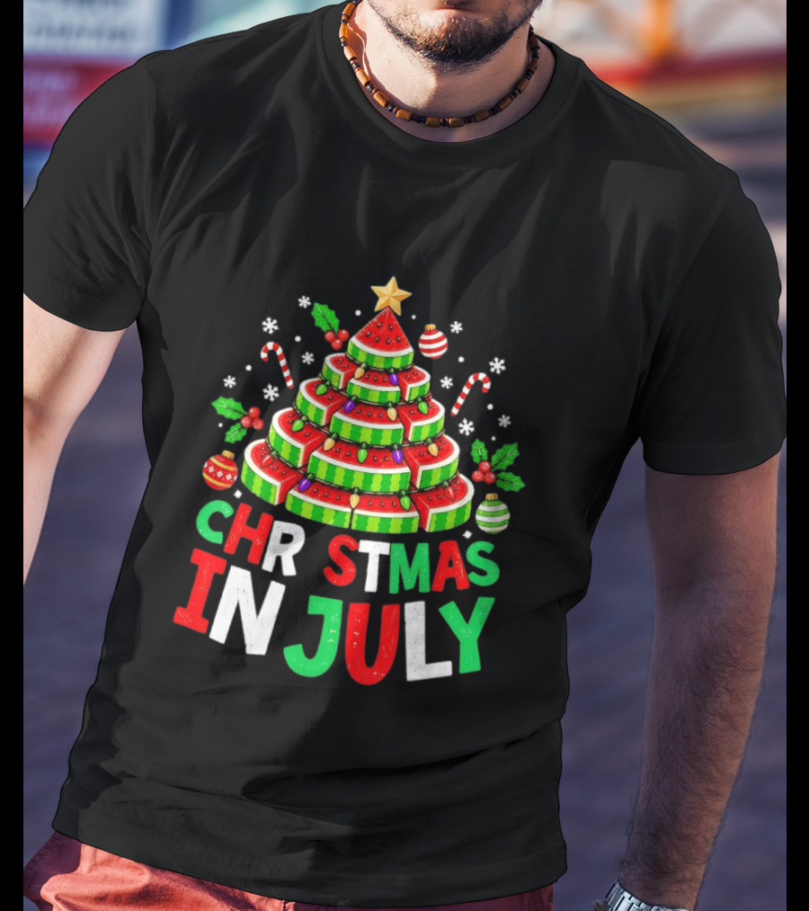 Christmas In July Watermelon Tree With String Lights And Candy Canes T-Shirt