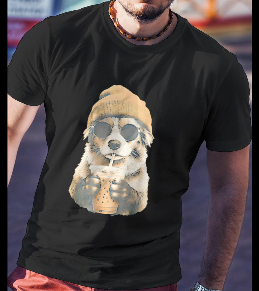 Cozy Dog In Beanie And Sunglasses Enjoying Iced Boba Tea T-Shirt