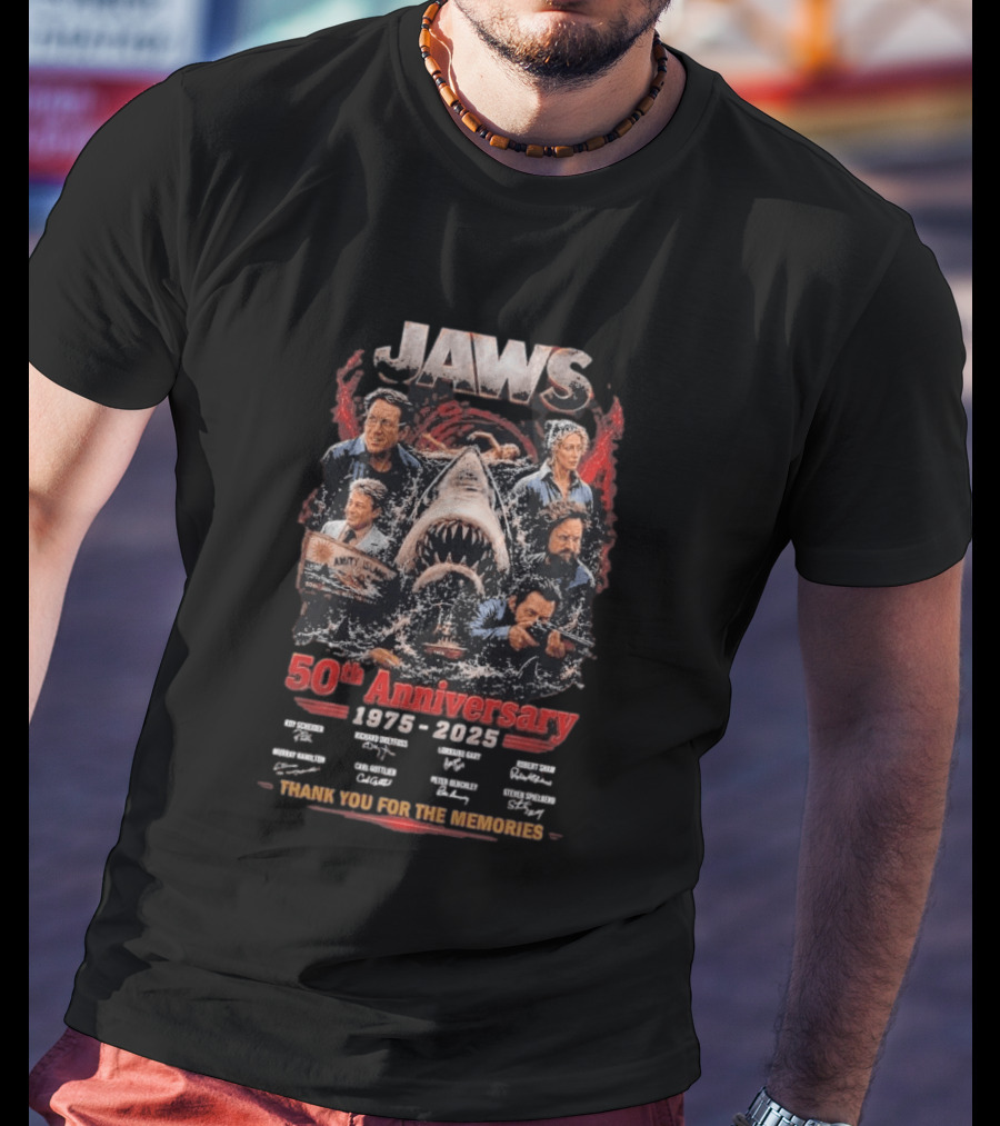 Jaws 50th Anniversary 1975 2025 Thank You For The Memories Signatures Roy Scheider Robert Shaw Richard Dreyfuss T-Shirt