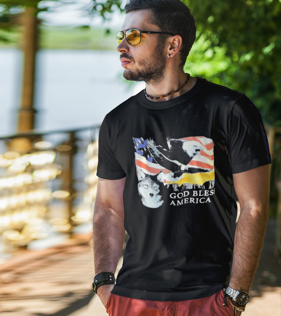 God Bless America Bald Eagle Wolf And American Flag Patriotic T-Shirt