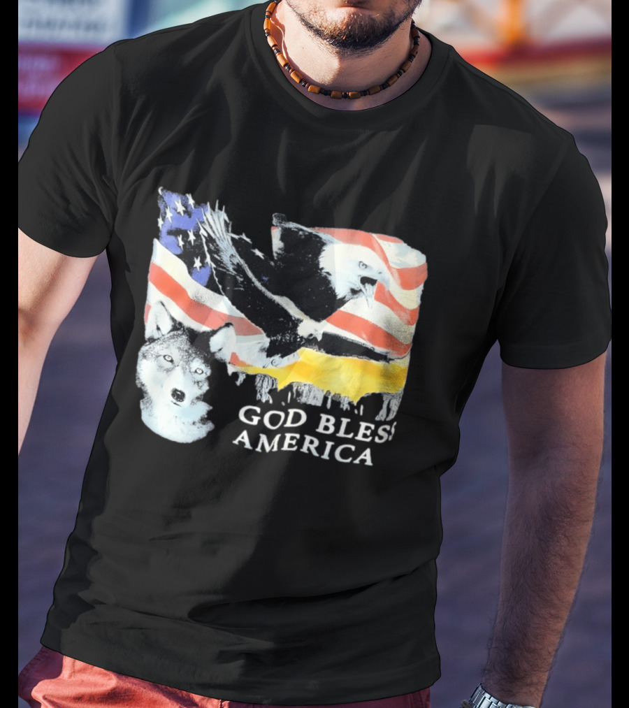 God Bless America Bald Eagle Wolf And American Flag Patriotic T-Shirt