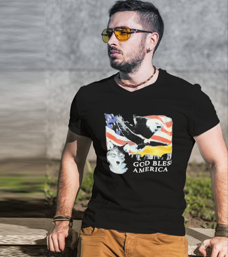 God Bless America Bald Eagle Wolf And American Flag Patriotic T-Shirt