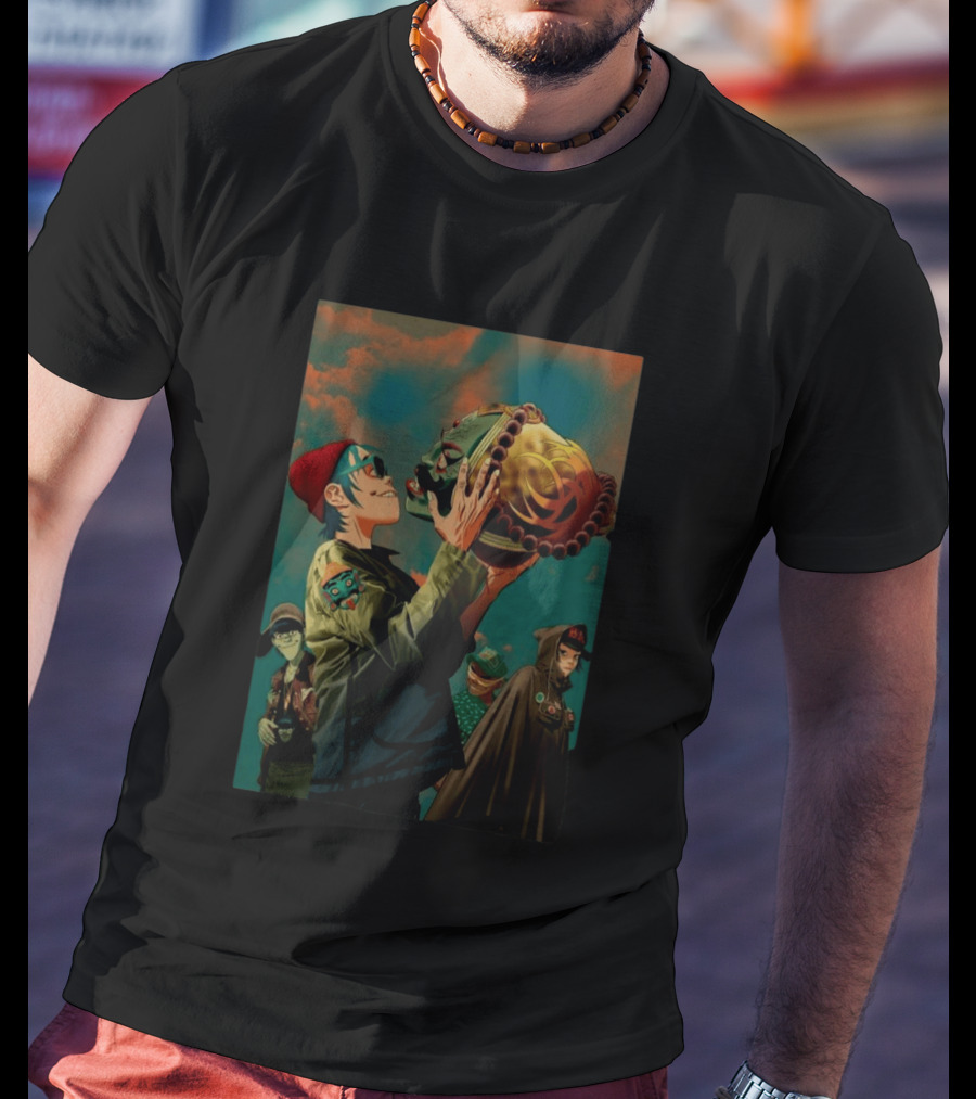 Gorillaz 2D Holding Mask Art With Band Members T-Shirt