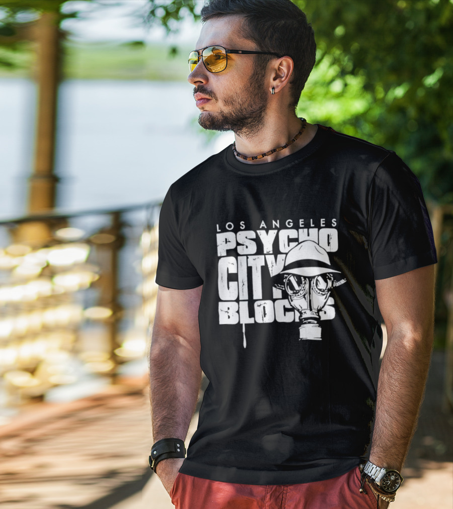 Los Angeles Psycho City Blocks Gas Mask Helmet Bold Lettering T-Shirt