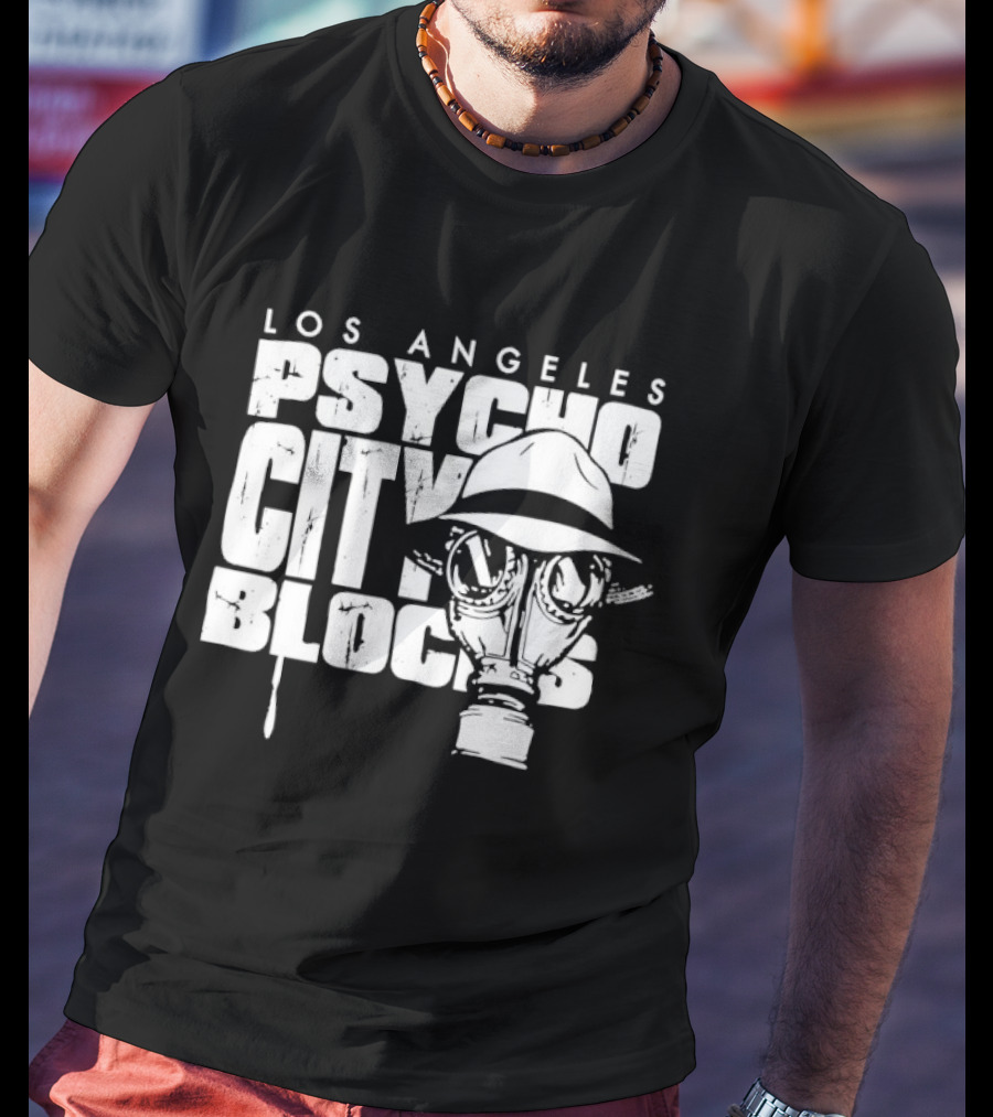 Los Angeles Psycho City Blocks Gas Mask Helmet Bold Lettering T-Shirt