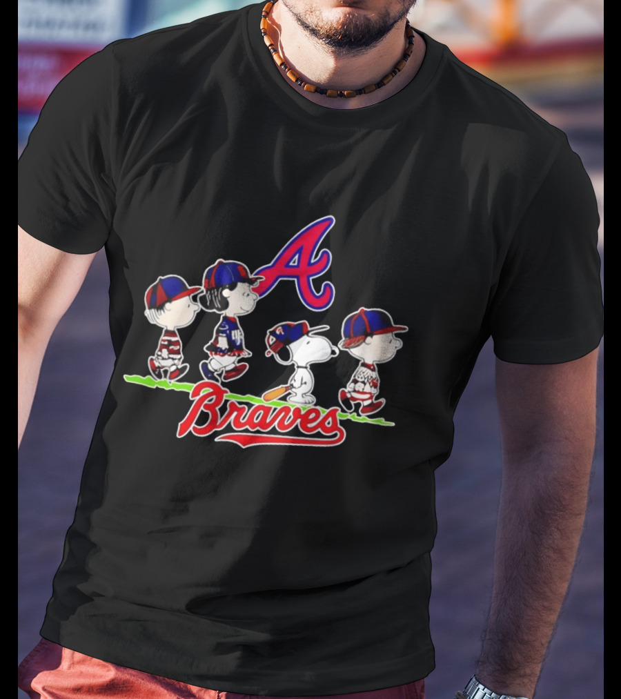 Atlanta Braves Peanuts Characters Walking With Baseball Caps T-Shirt