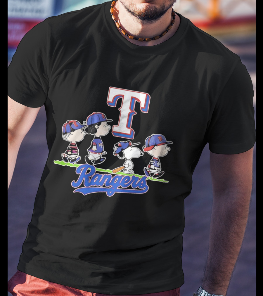 Peanuts Characters Walking With Texas Rangers Baseball Team T-Shirt