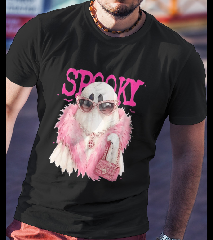Spooky Glamorous Ghost With Pink Fur And Sunglasses T-Shirt