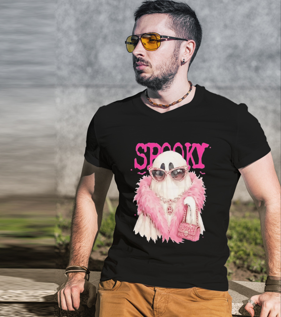Spooky Glamorous Ghost With Pink Fur And Sunglasses T-Shirt