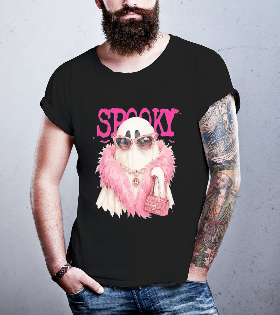 Spooky Glamorous Ghost With Pink Fur And Sunglasses T-Shirt