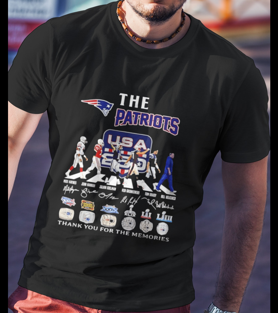 The Patriots USA 250 Thank You For The Memories With Player Signatures And Super Bowl Logos T-Shirt
