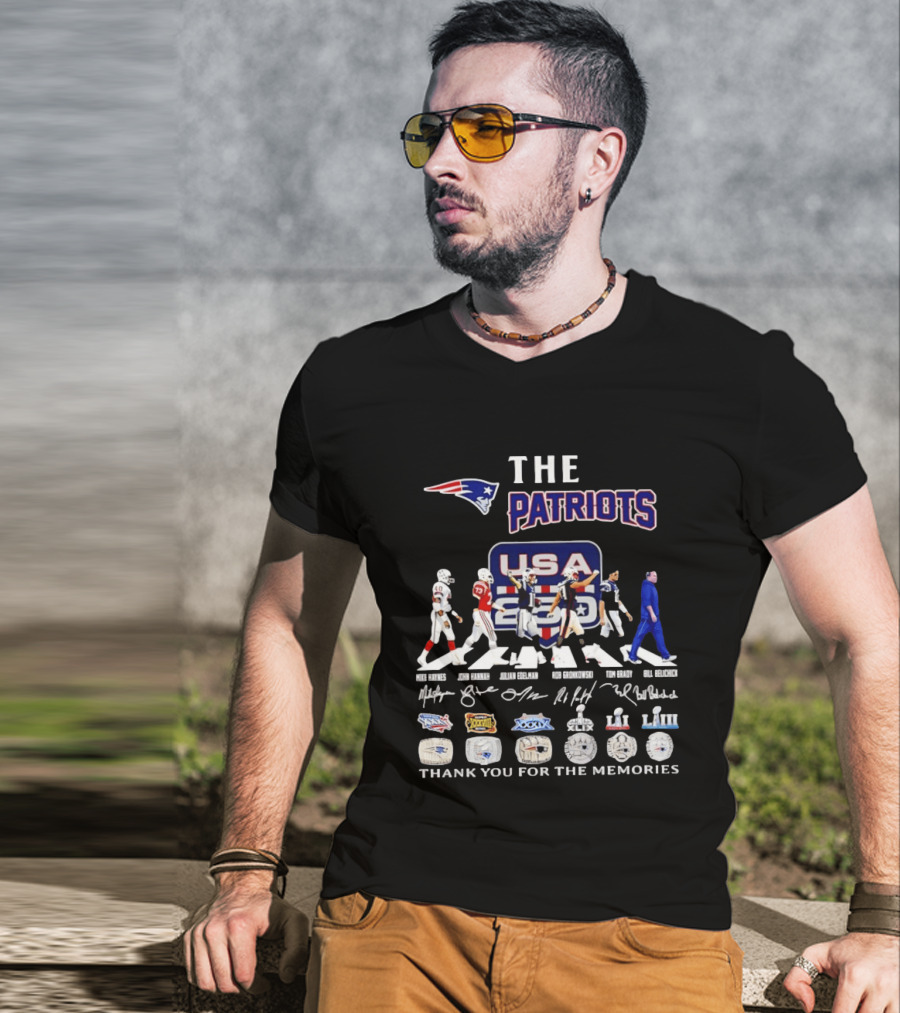 The Patriots USA 250 Thank You For The Memories With Player Signatures And Super Bowl Logos T-Shirt