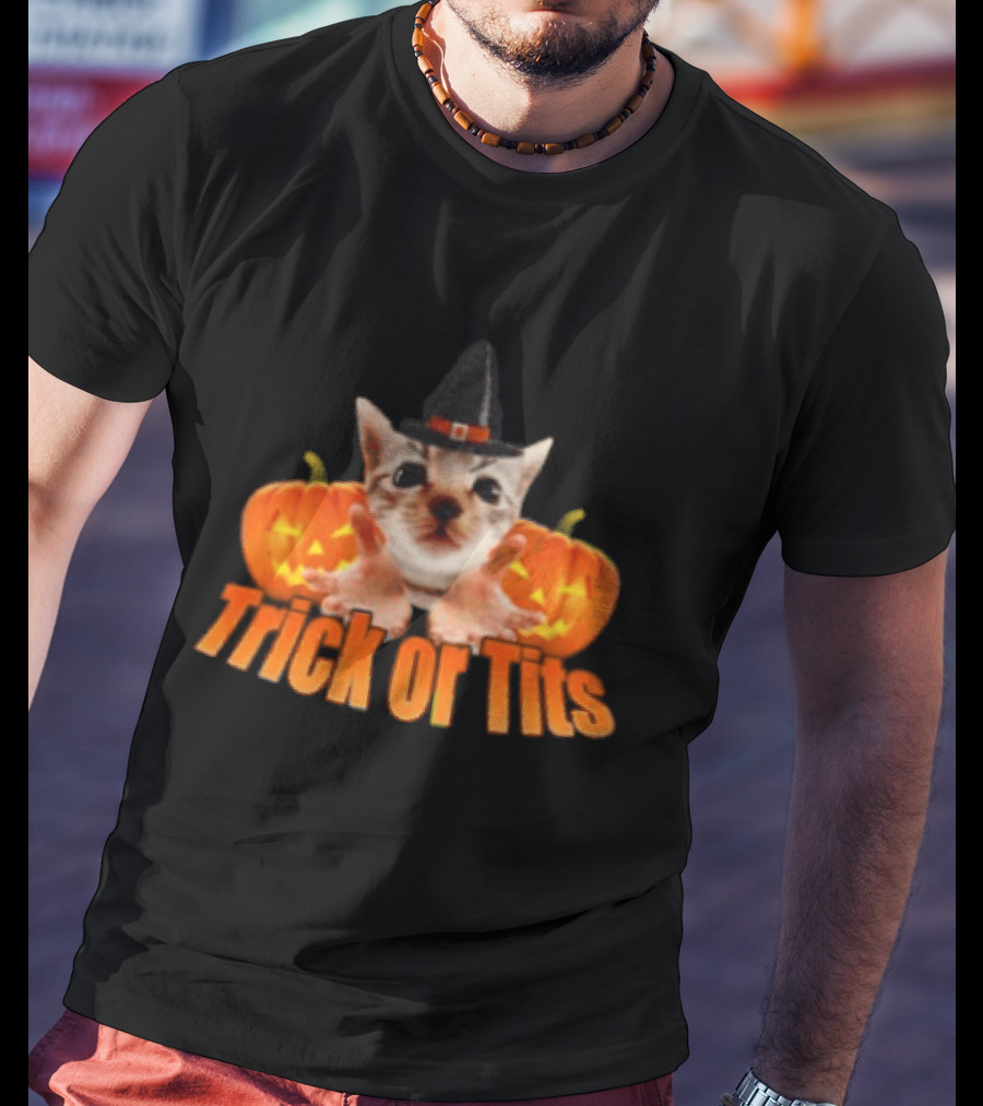 Trick Or Tits Halloween Cat Witch Pumpkin Hat T-Shirt