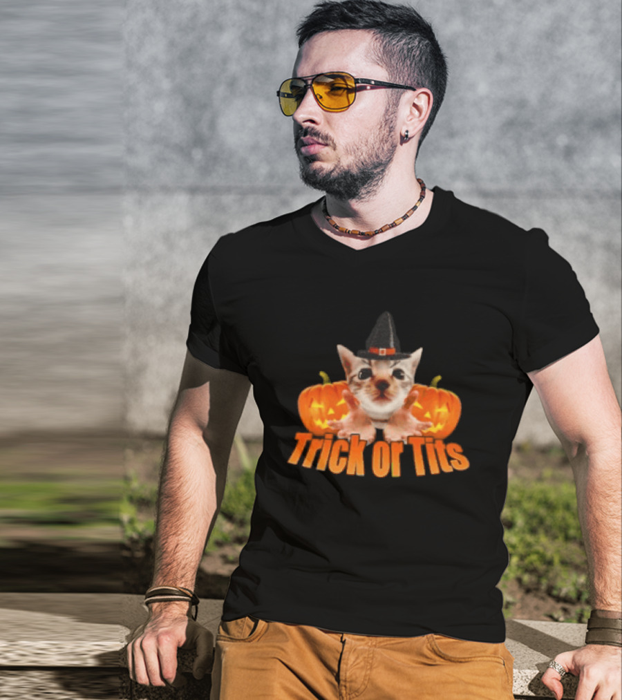 Trick Or Tits Halloween Cat Witch Pumpkin Hat T-Shirt