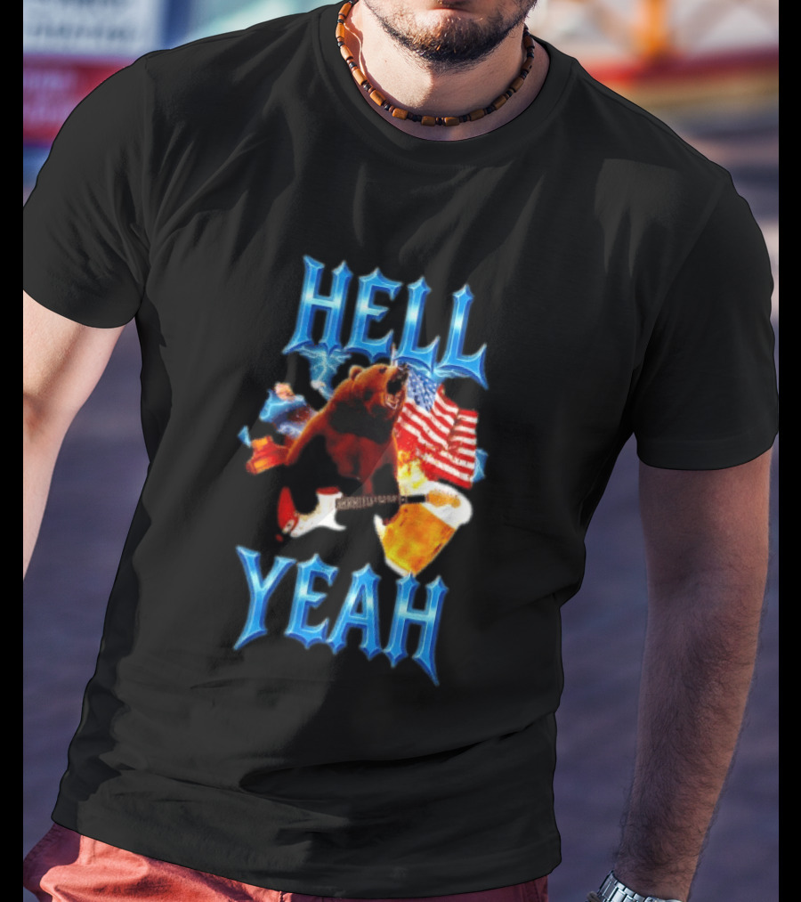 Hell Yeah Bear American Flag Guitar Beer Celebration T-Shirt