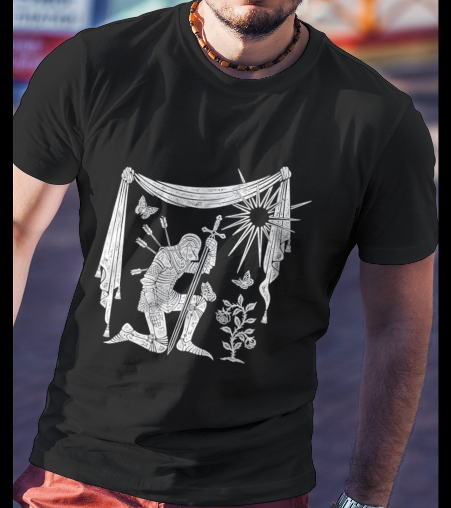 Knight Kneeling With Sword And Arrows Medieval Warrior Sun And Nature Motif T-Shirt