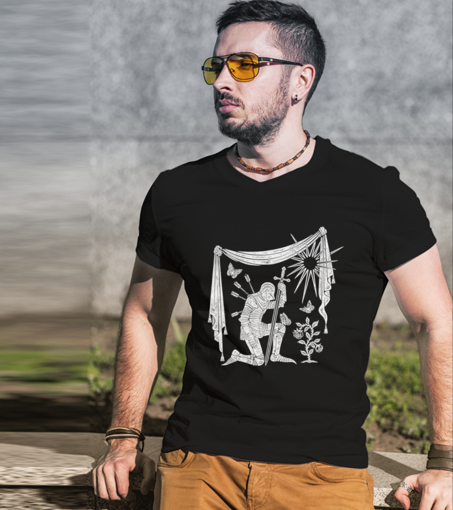 Knight Kneeling With Sword And Arrows Medieval Warrior Sun And Nature Motif T-Shirt