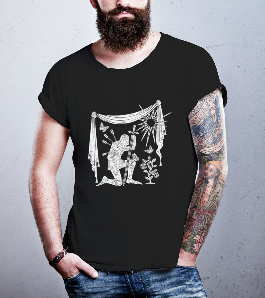 Knight Kneeling With Sword And Arrows Medieval Warrior Sun And Nature Motif T-Shirt
