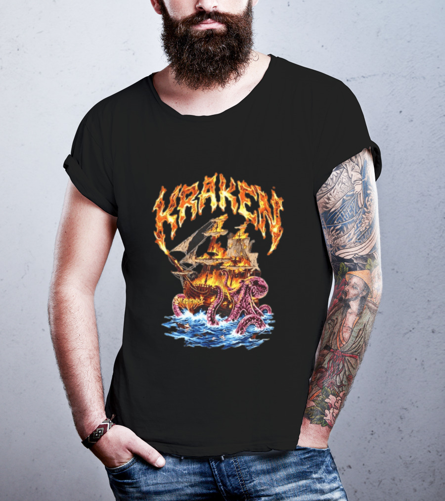 Kraken Nautical Myths Burning Ship Octopus Attack T-Shirt