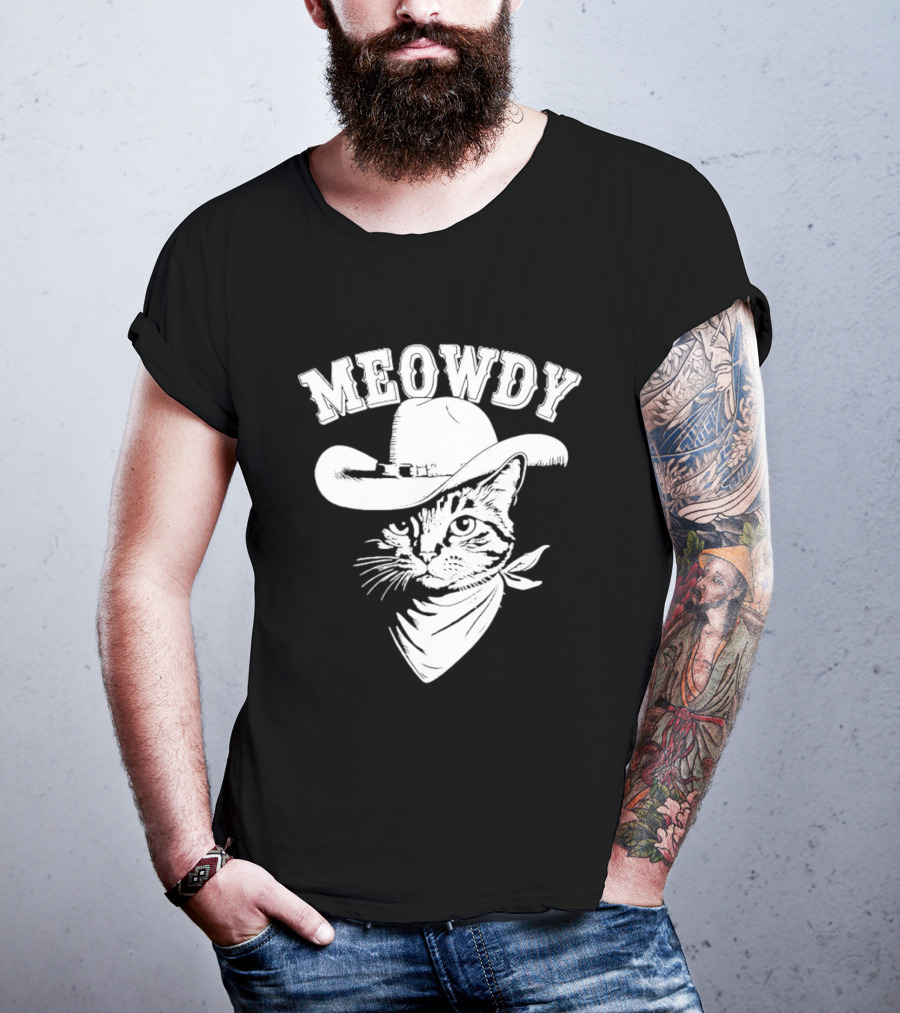 Meowdy Cowboy Cat With Bandana Western Hat Wrangler T-Shirt