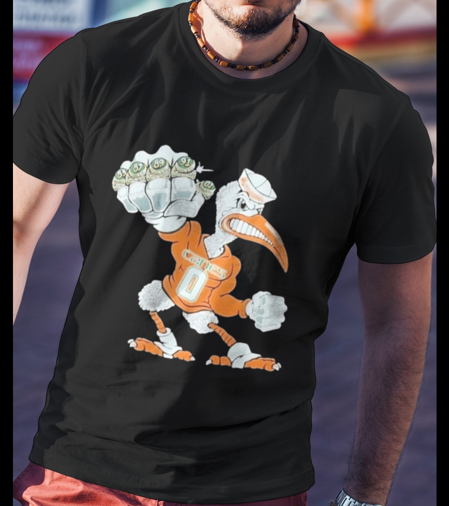 Miami Hurricanes Sebastian The Ibis 5 Rings Champs 1983 1987 1989 1991 2001 T-Shirt